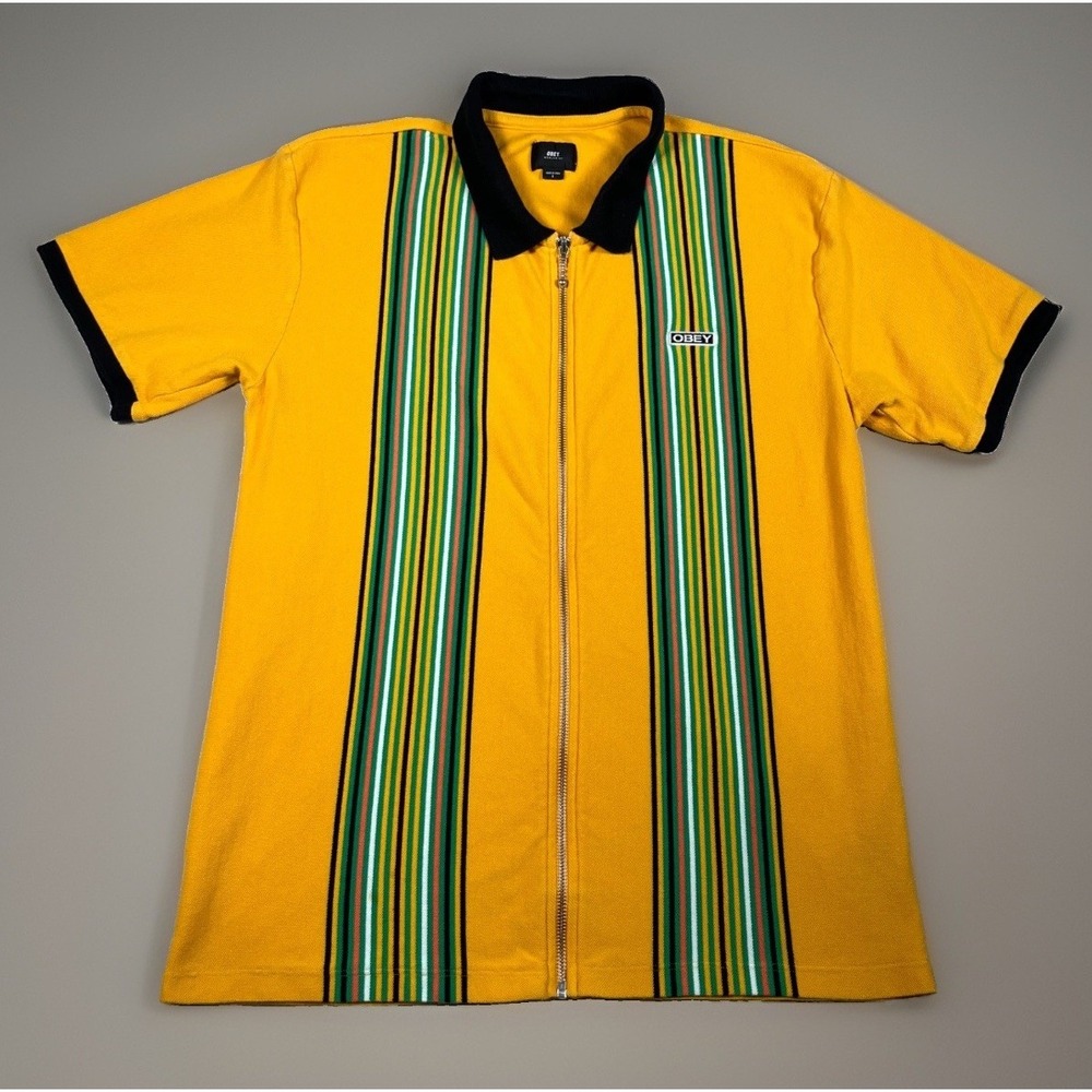 OBEY Mens Large Full Zip Polo Shirt Yellow Green Stripe Pique Knit Skate Retro L